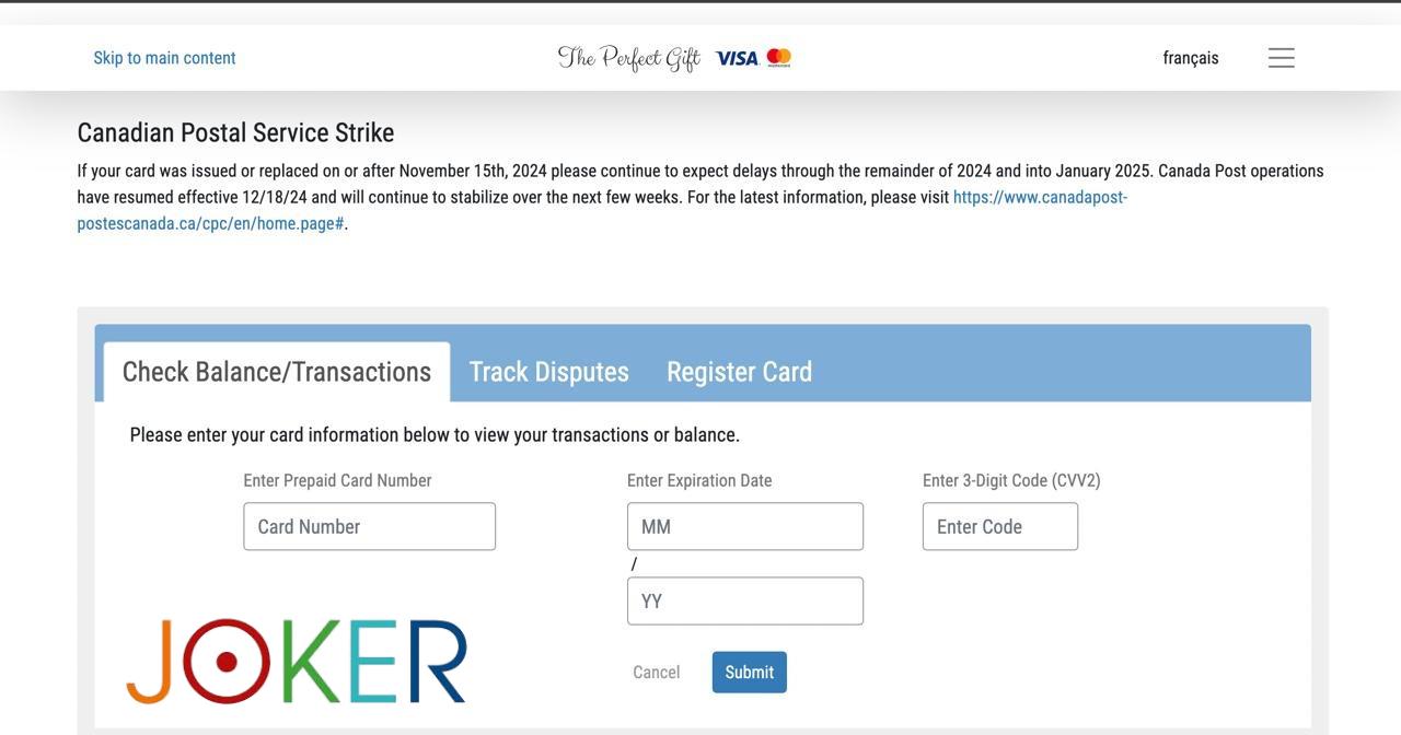 Check balance Joker Prepaid card